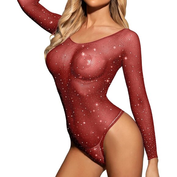RSLOVE Women Fishnet Teddy Rhinestone Sparkle One Piece Mesh Bodysuit Babydoll - Picture 2 of 5